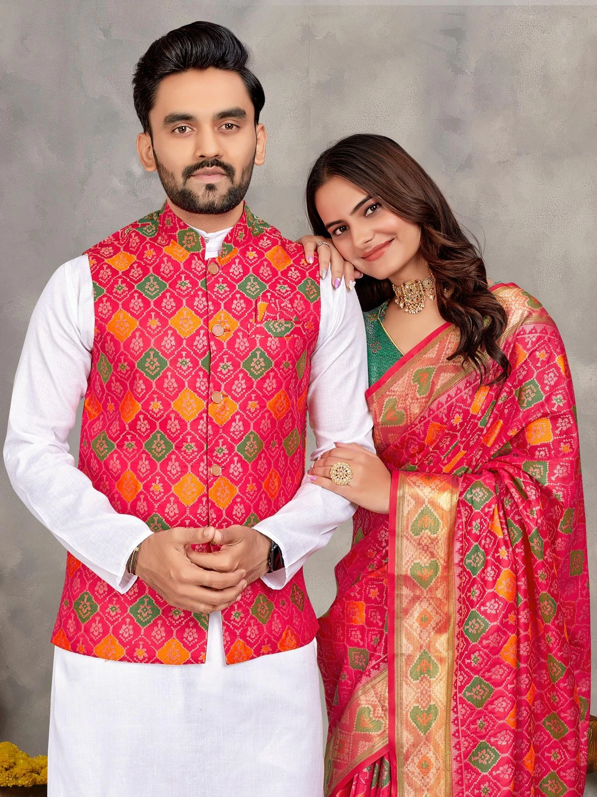 MOH-MAYA-1 Couple Combo Kurta Koti And Saree