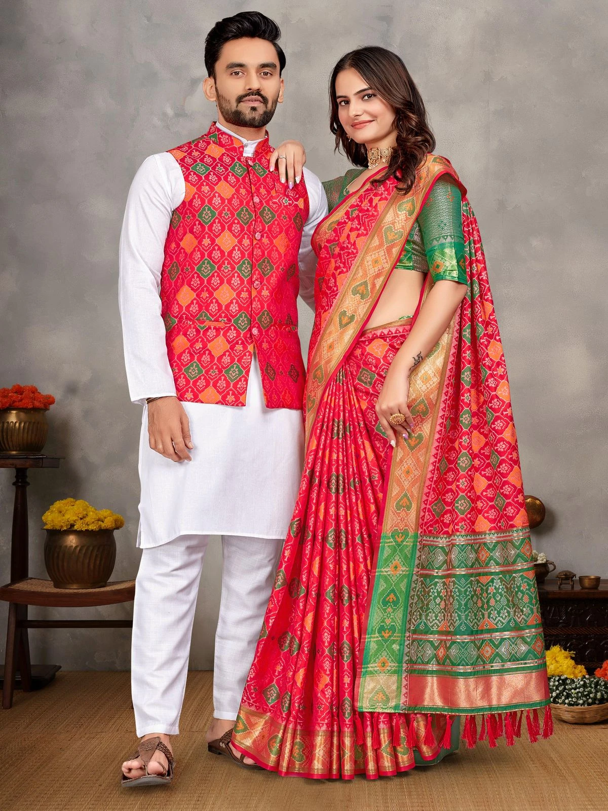 MOH-MAYA-1 Couple Combo Kurta Koti And Saree