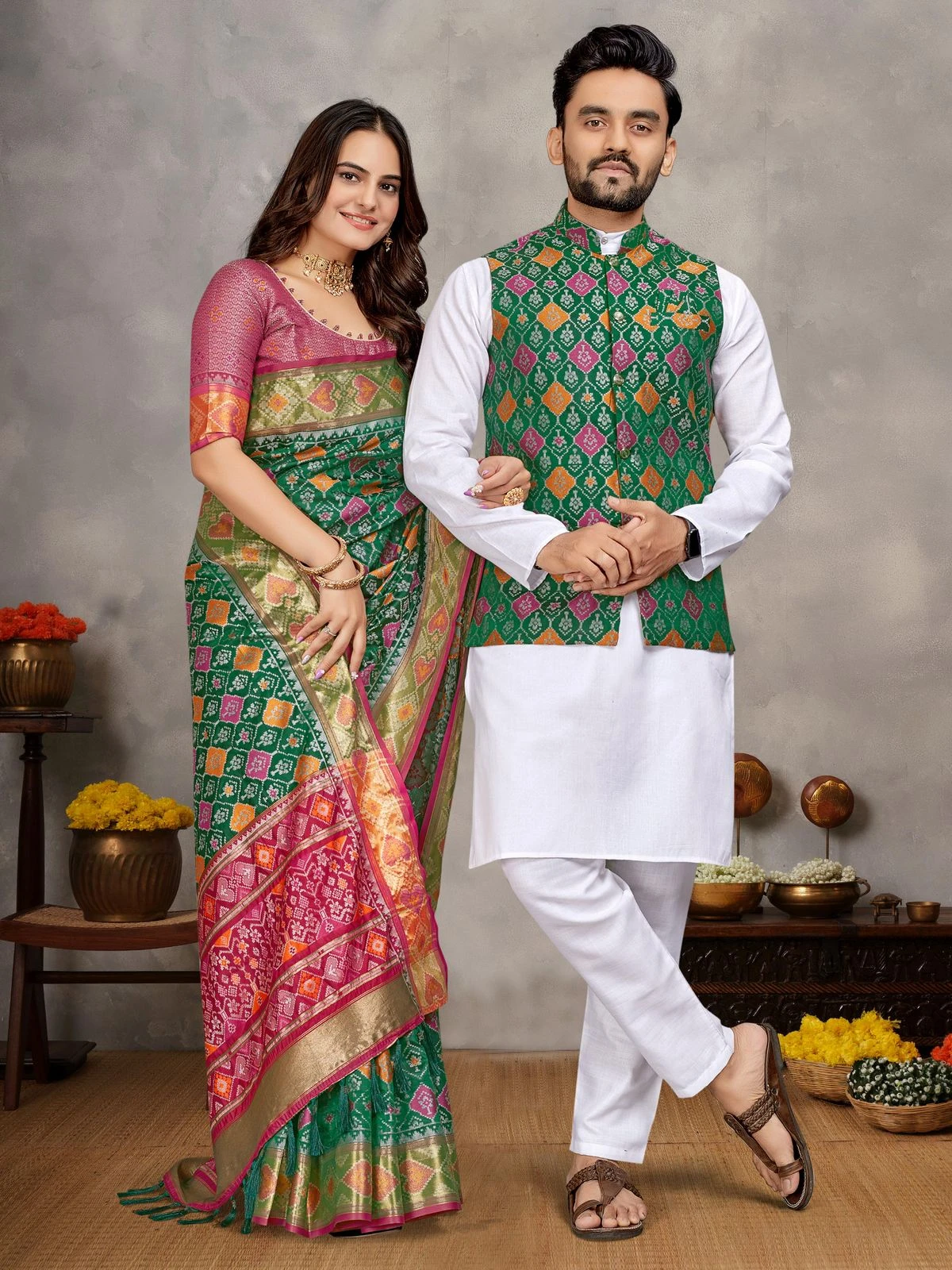 MOH-MAYA-1 Couple Combo Kurta Koti And Saree