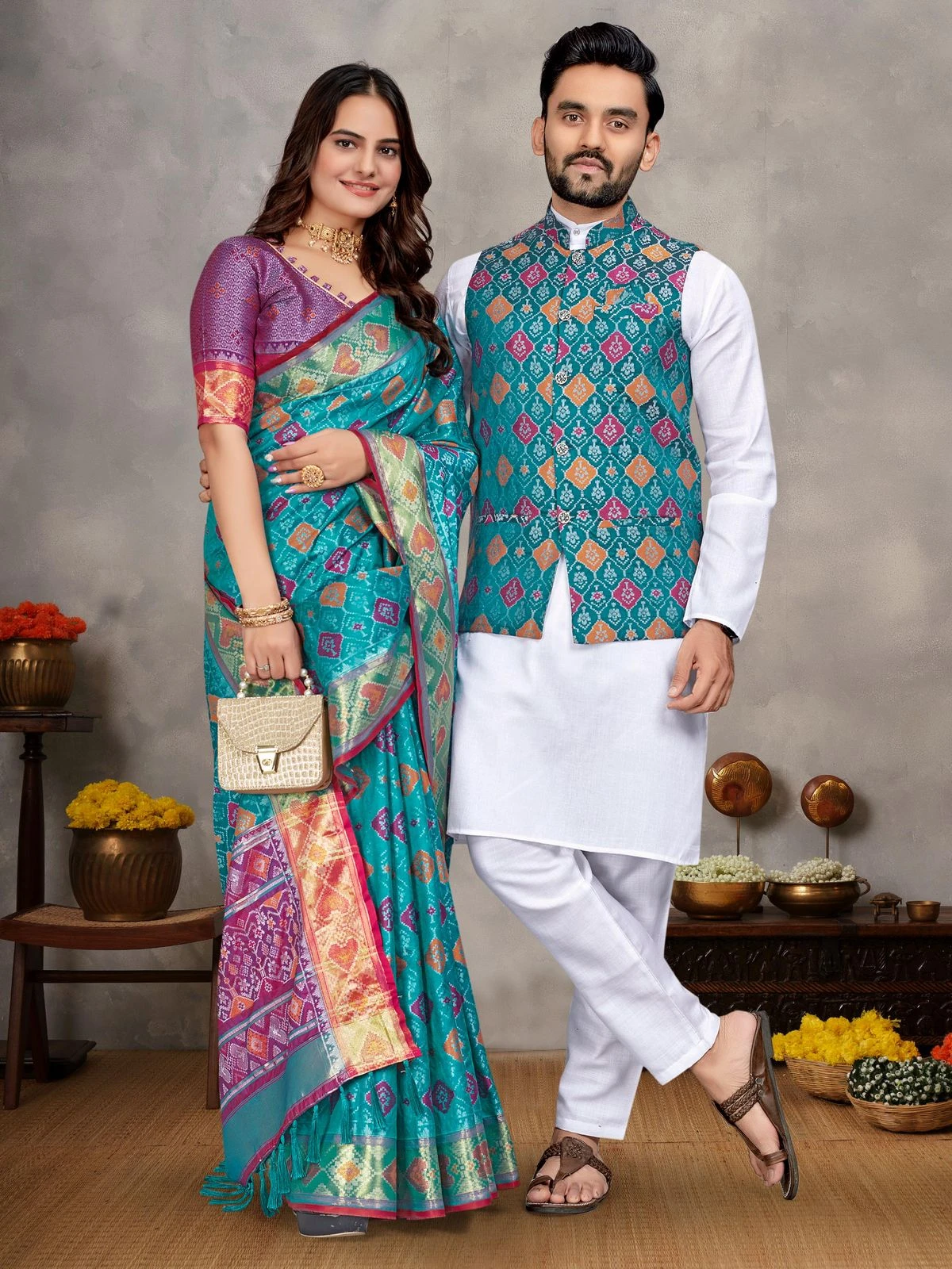 MOH-MAYA-1 Couple Combo Kurta Koti And Saree