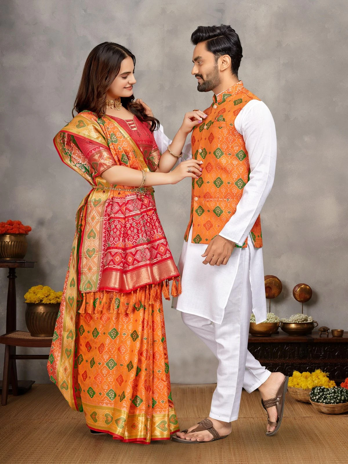 MOH-MAYA-1 Couple Combo Kurta Koti And Saree