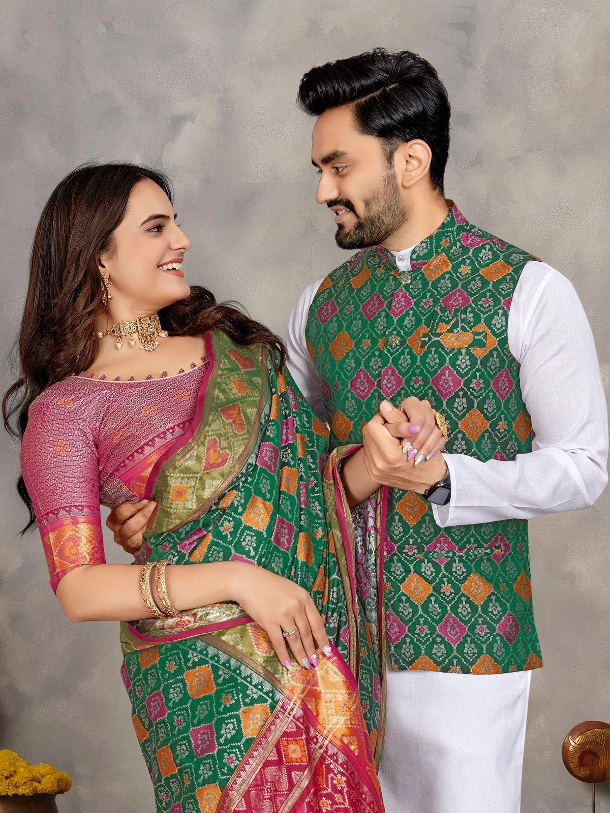 MOH-MAYA-1 Couple Combo Kurta Koti And Saree