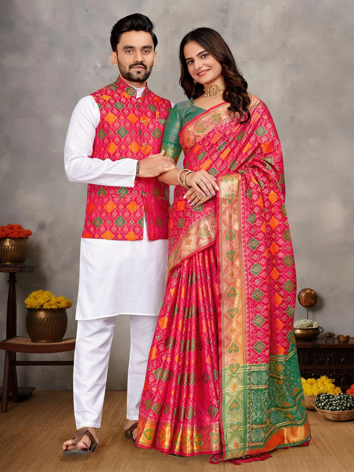 MOH-MAYA-1 Couple Combo Kurta Koti And Saree