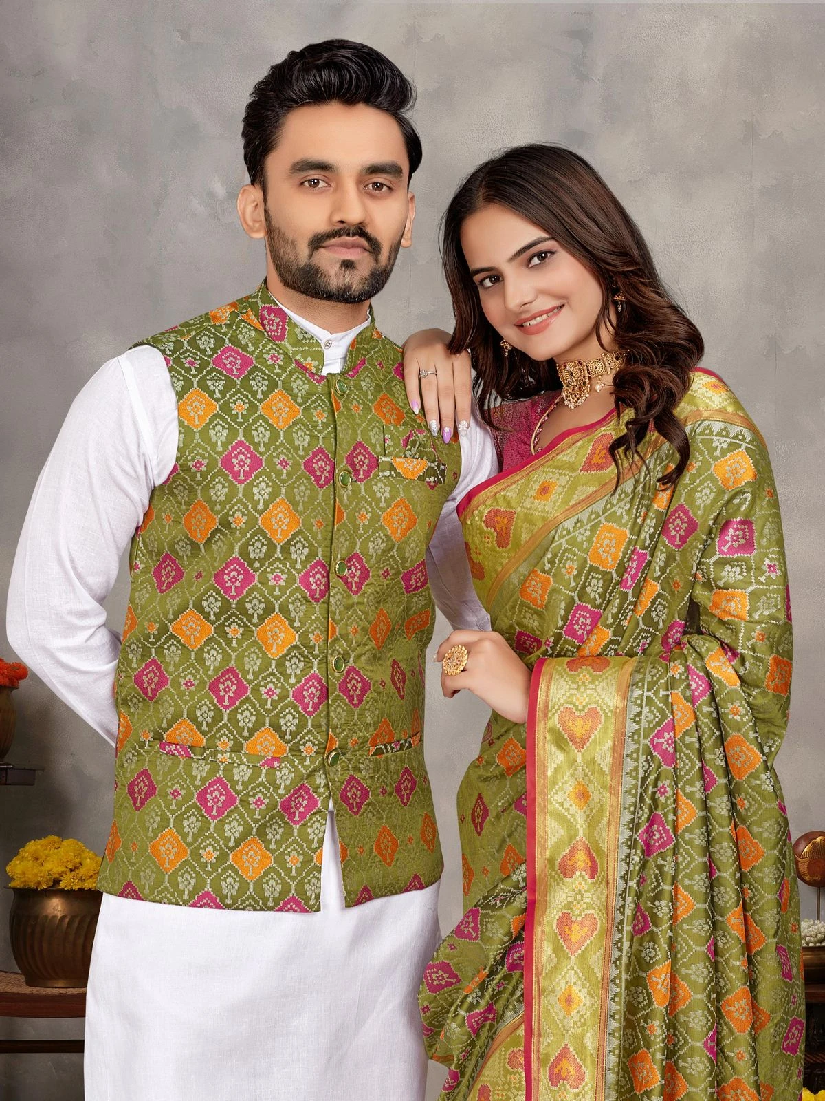 MOH-MAYA-1 Couple Combo Kurta Koti And Saree