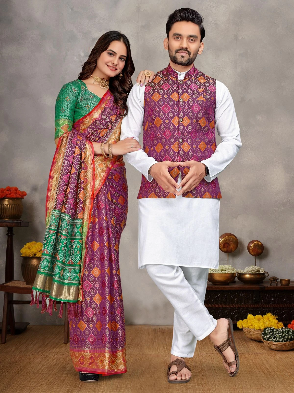 MOH-MAYA-1 Couple Combo Kurta Koti And Saree