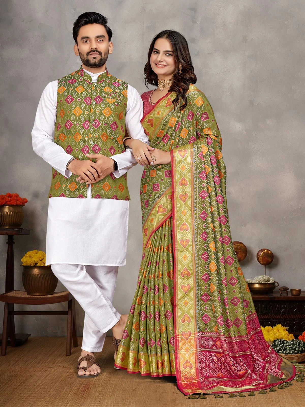 MOH-MAYA-1 Couple Combo Kurta Koti And Saree