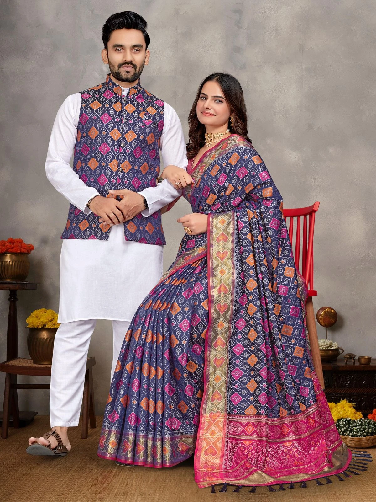MOH-MAYA-1 Couple Combo Kurta Koti And Saree