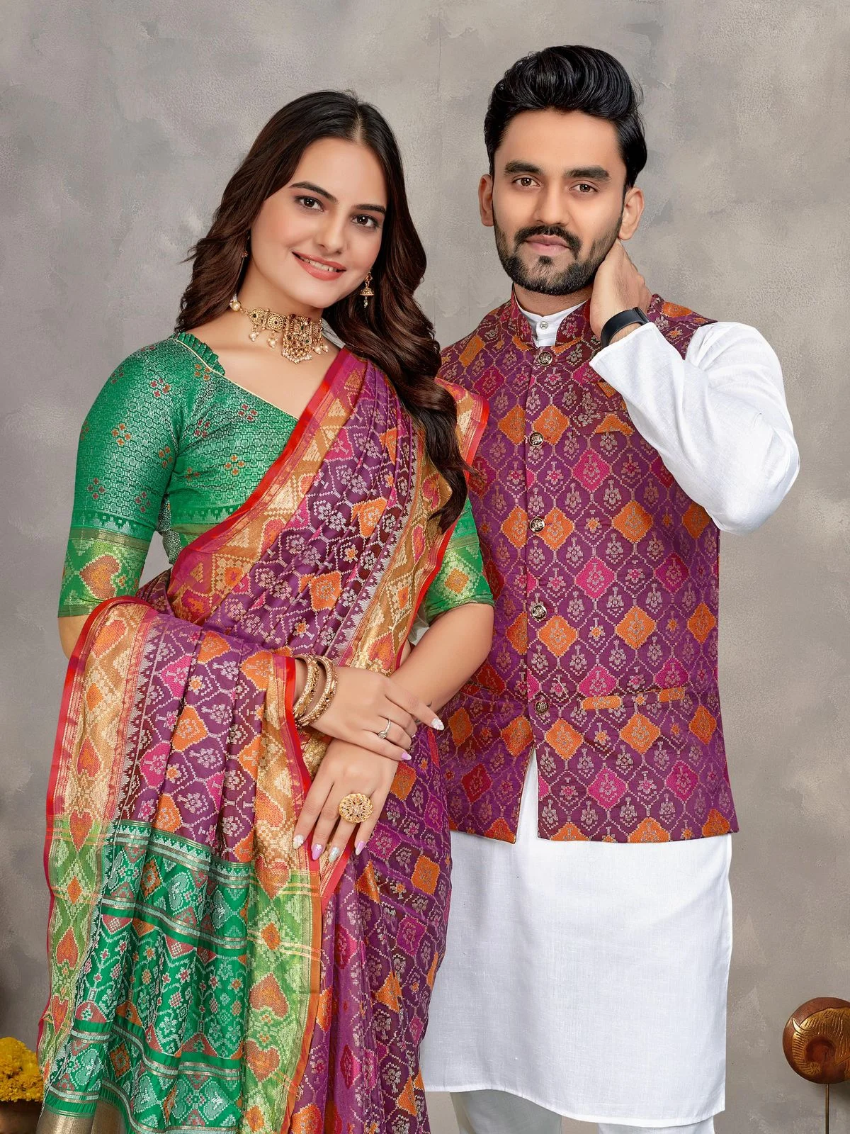 MOH-MAYA-1 Couple Combo Kurta Koti And Saree