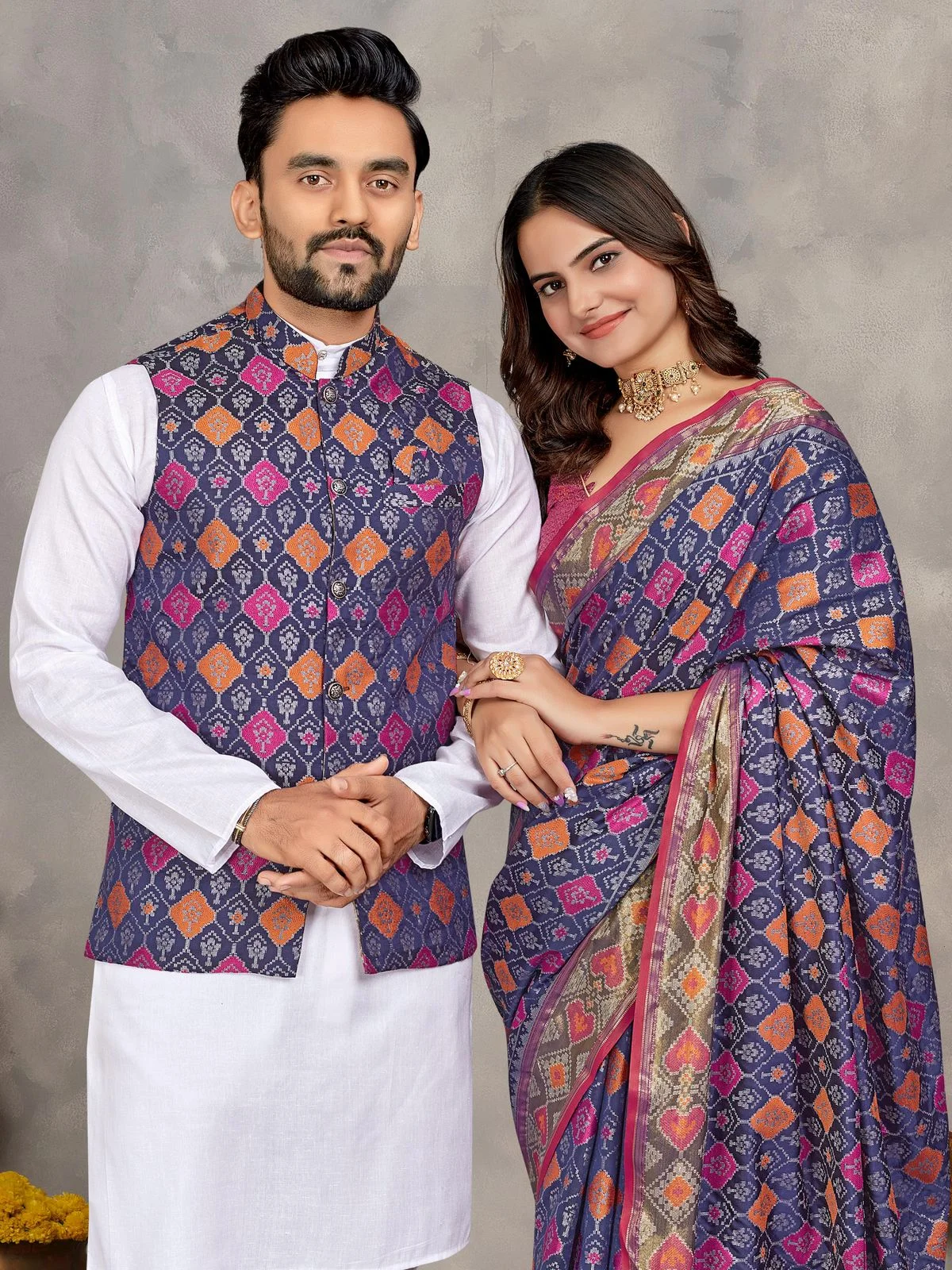 MOH-MAYA-1 Couple Combo Kurta Koti And Saree
