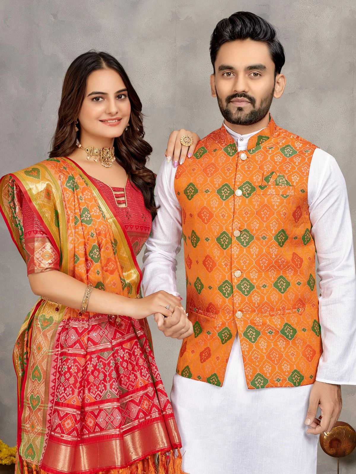 MOH-MAYA-1 Couple Combo Kurta Koti And Saree