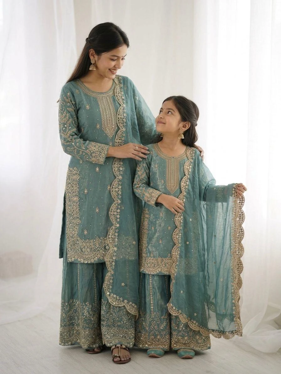 Mother Daughter Fendy Silk Embroidery Coding Sequence Work Palazzo Suit Combo
