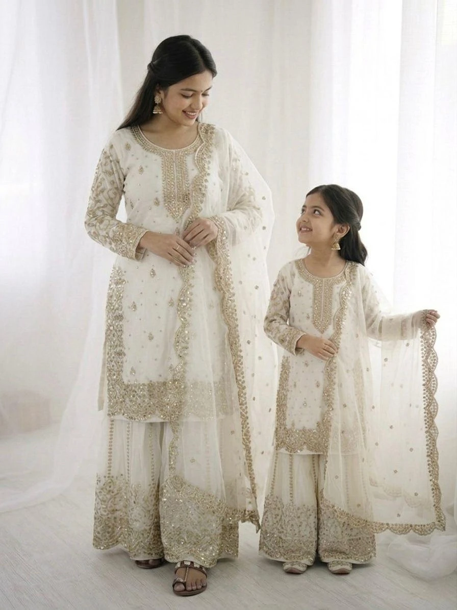 Mother Daughter Fendy Silk Embroidery Coding Sequence Work Palazzo Suit Combo