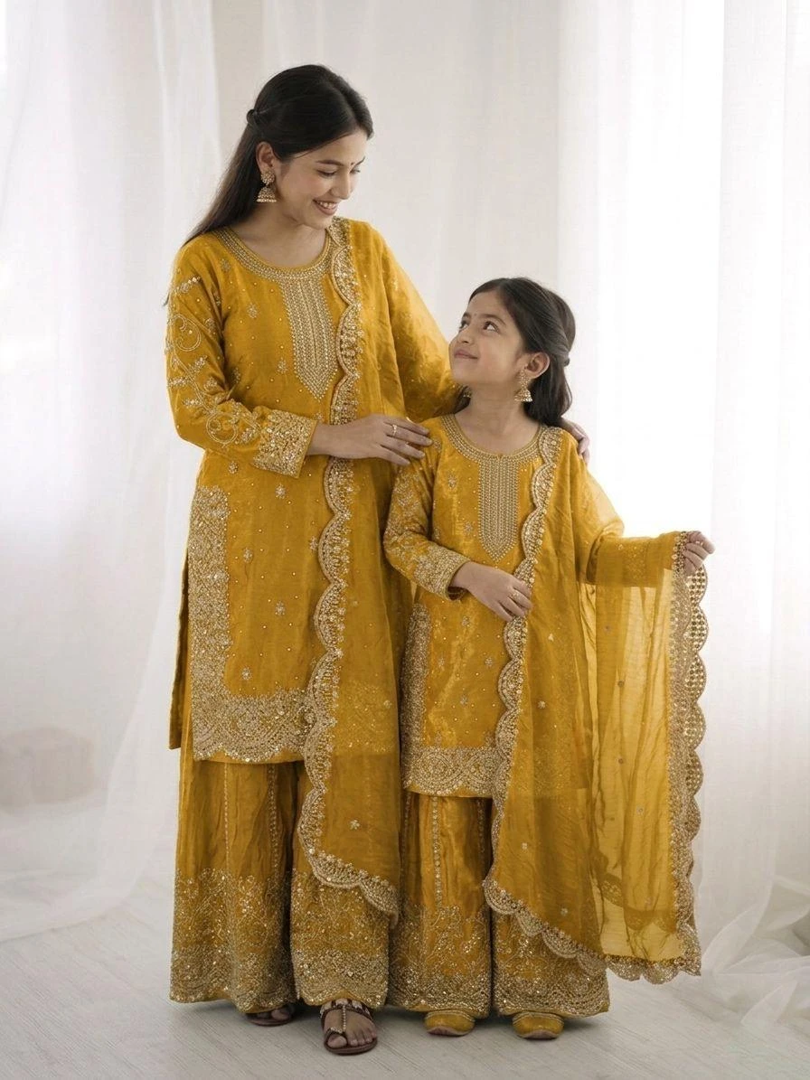 Mother Daughter Fendy Silk Embroidery Coding Sequence Work Palazzo Suit Combo