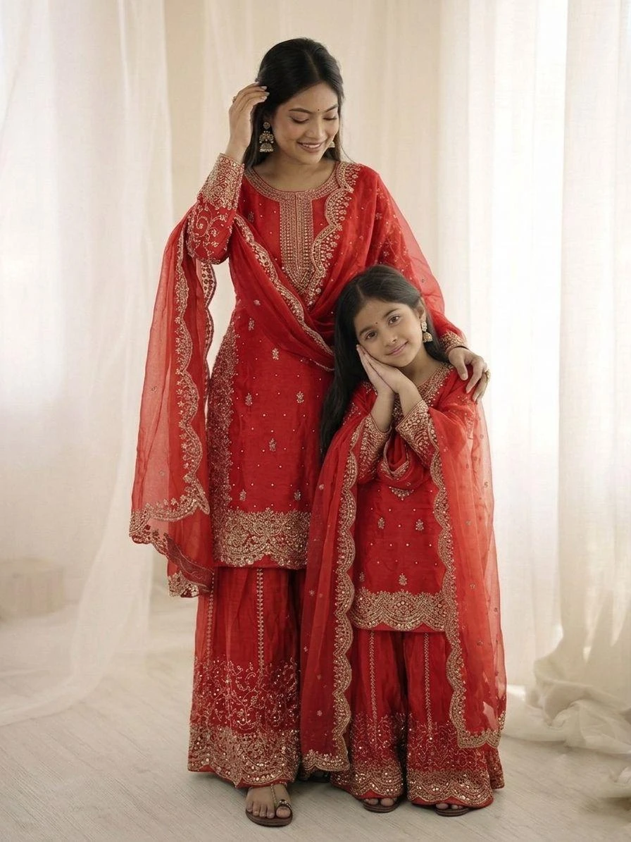 Mother Daughter Fendy Silk Embroidery Coding Sequence Work Palazzo Suit Combo