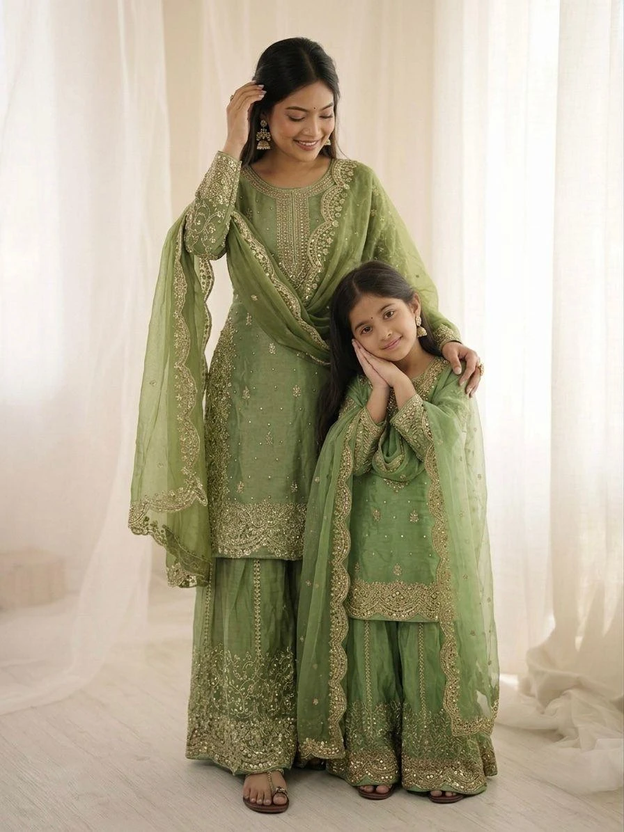 Mother Daughter Fendy Silk Embroidery Coding Sequence Work Palazzo Suit Combo