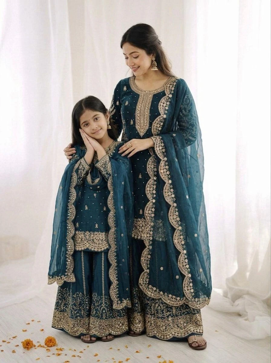 Mother Daughter Fendy Silk Embroidery Coding Sequence Work Palazzo Suit Combo