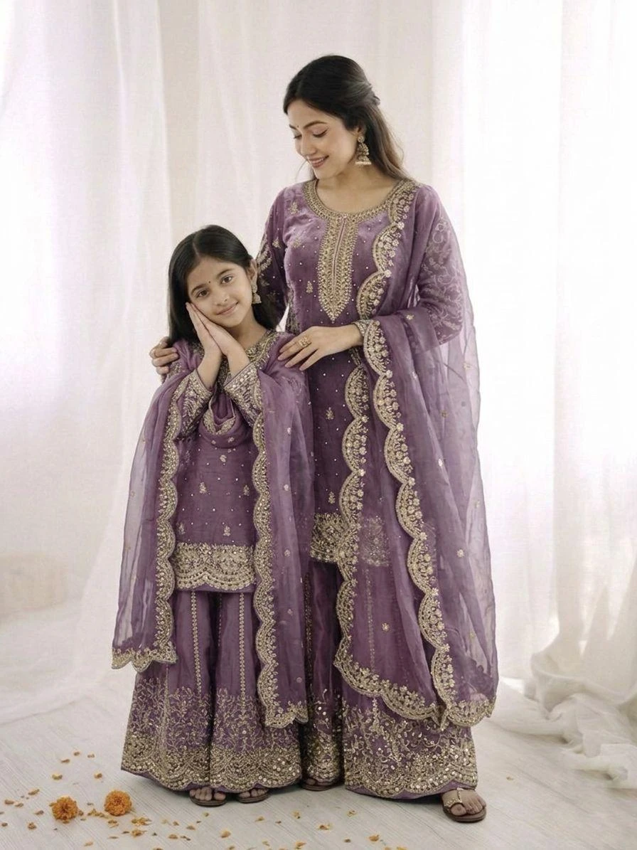 Mother Daughter Fendy Silk Embroidery Coding Sequence Work Palazzo Suit Combo