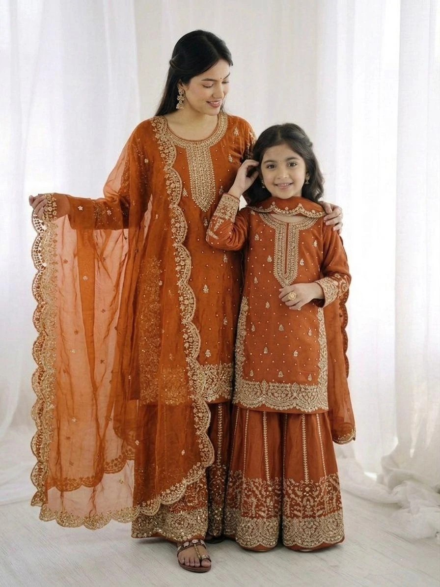 Mother Daughter Fendy Silk Embroidery Coding Sequence Work Palazzo Suit Combo