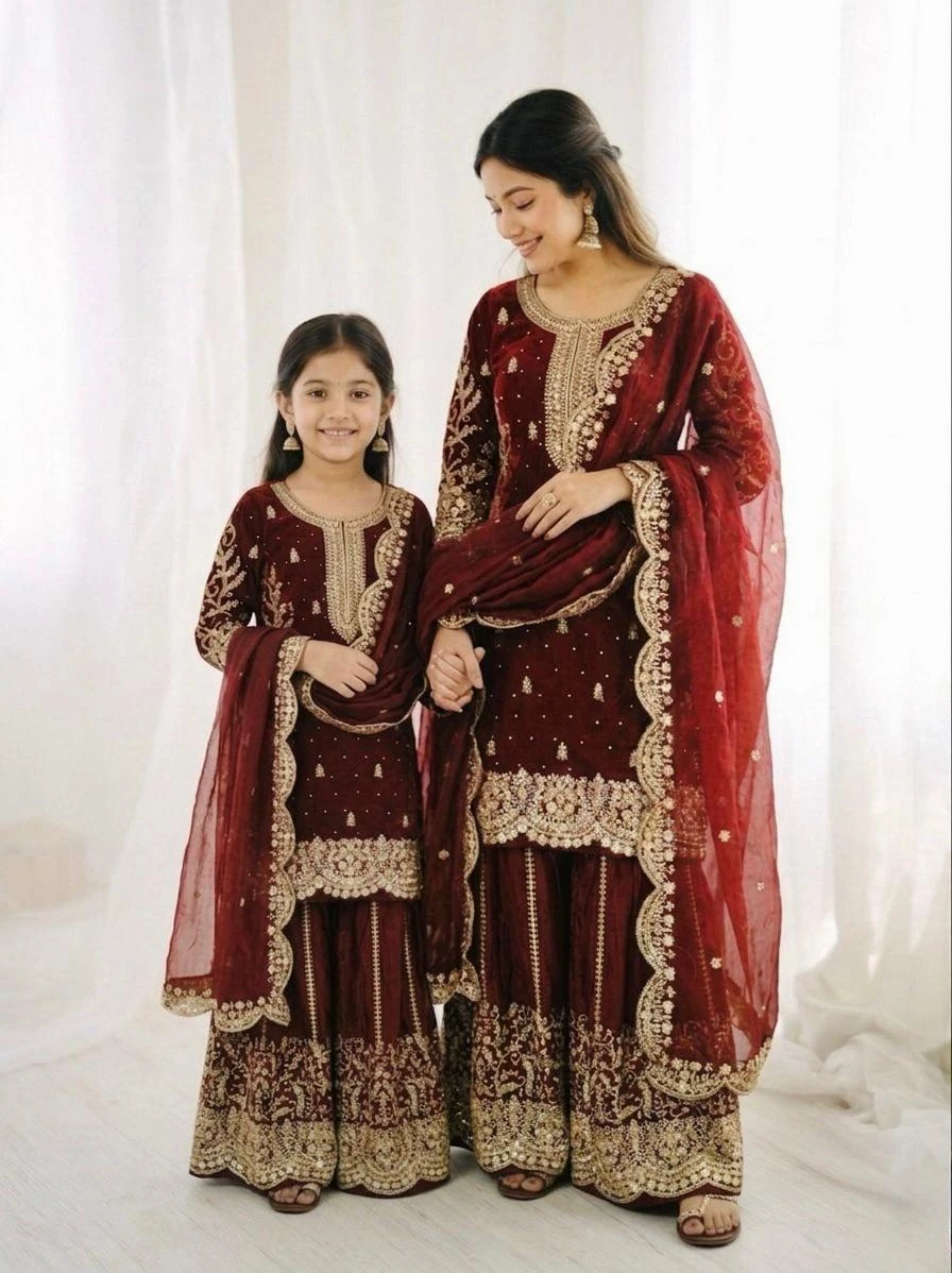 Mother Daughter Fendy Silk Embroidery Coding Sequence Work Palazzo Suit Combo