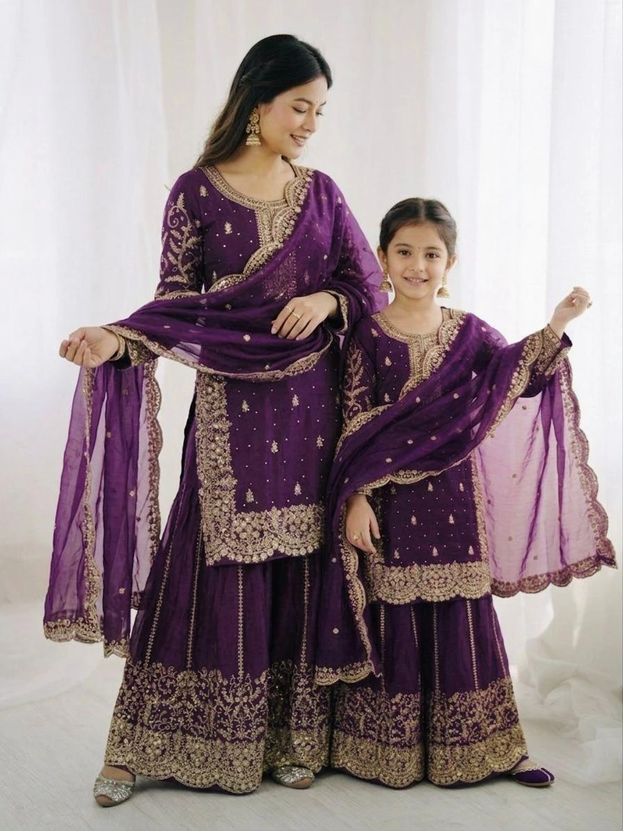 Mother Daughter Fendy Silk Embroidery Coding Sequence Work Palazzo Suit Combo