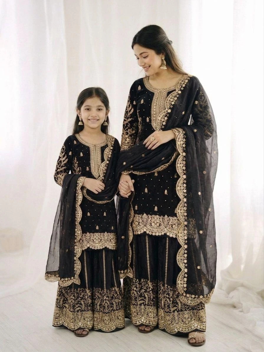 Mother Daughter Fendy Silk Embroidery Coding Sequence Work Palazzo Suit Combo
