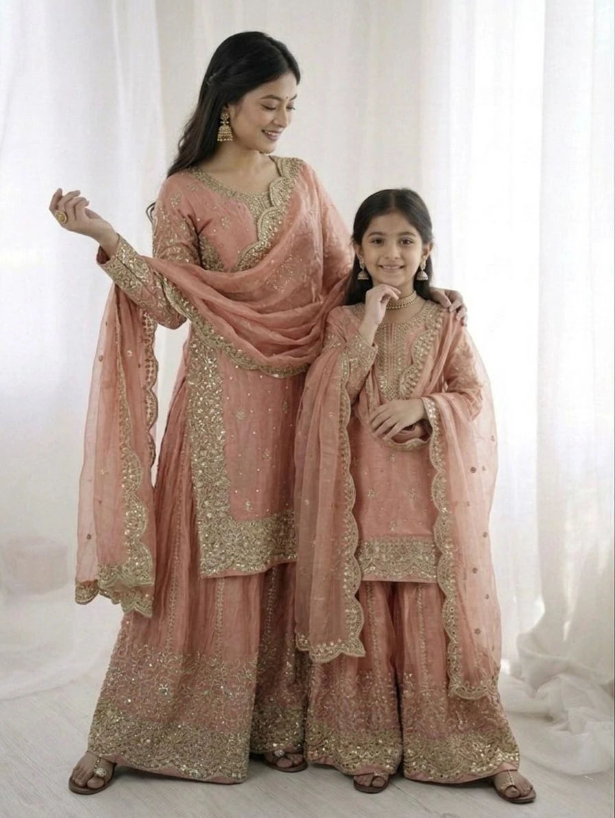 Mother Daughter Fendy Silk Embroidery Coding Sequence Work Palazzo Suit Combo