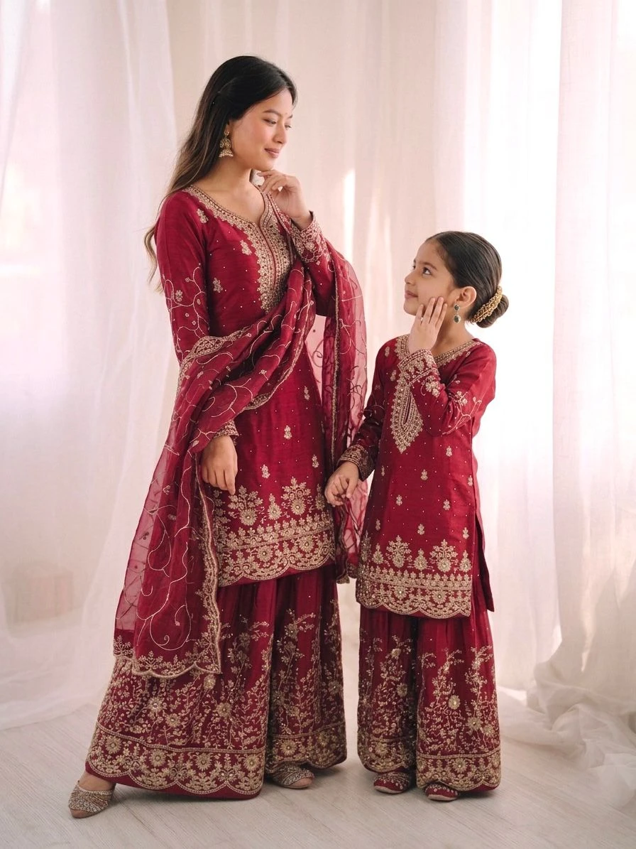 Mother Daughter GMY Silk Embroidery Palazzo Combo Set