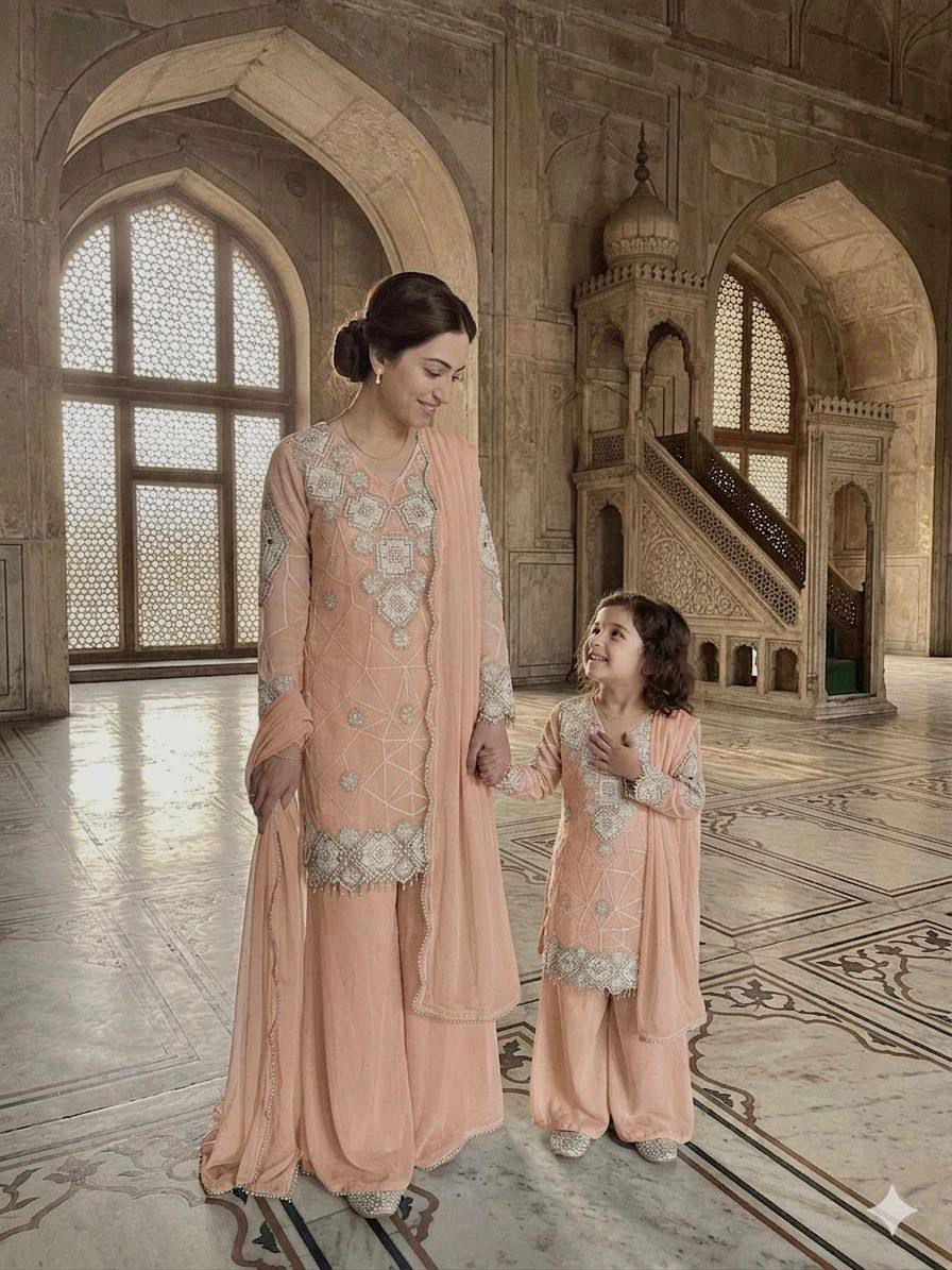 Mother Kids Daughter Twinning Georgette Palazzo Combo Set