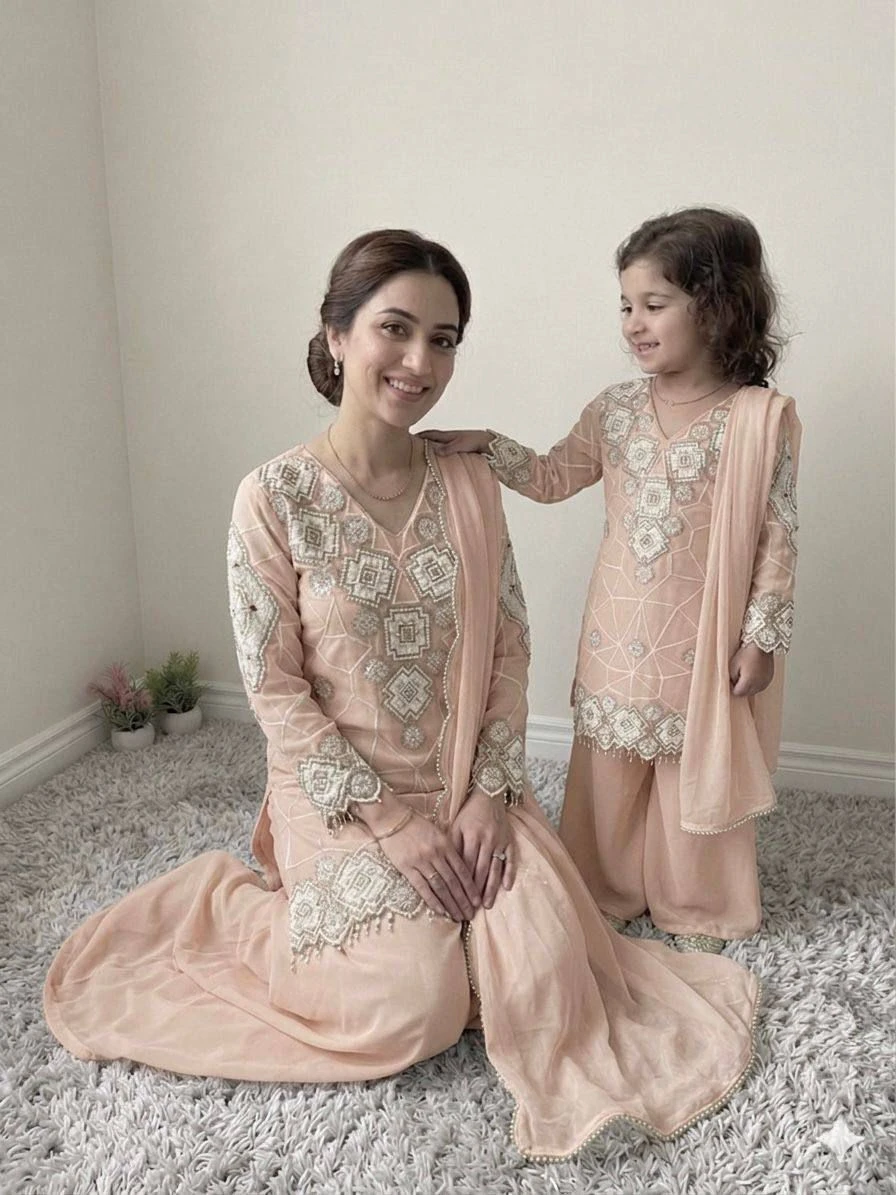 Mother Kids Daughter Twinning Georgette Palazzo Combo Set