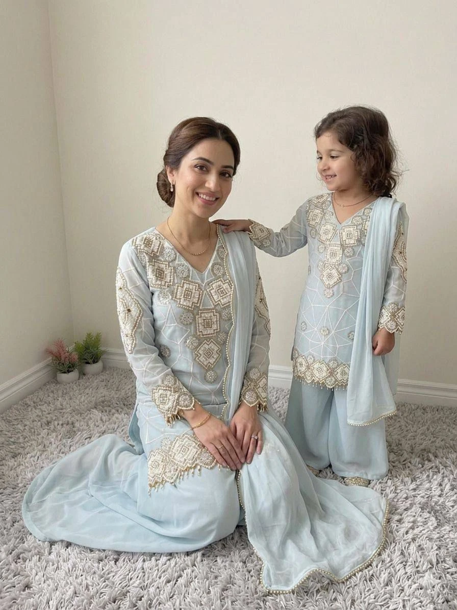 Mother Kids Daughter Twinning Georgette Palazzo Combo Set