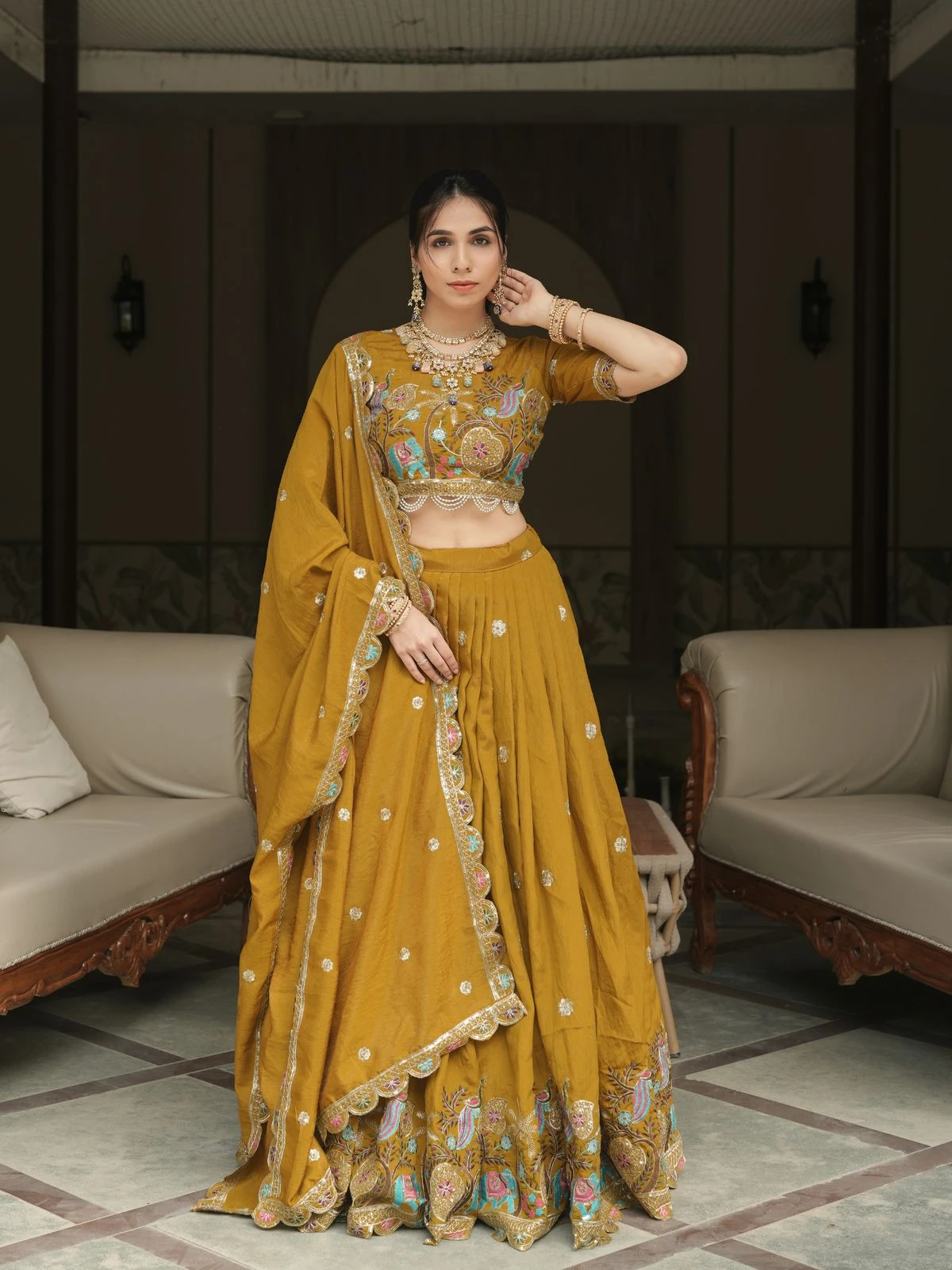 Musturd Embroidery Lehenga Set