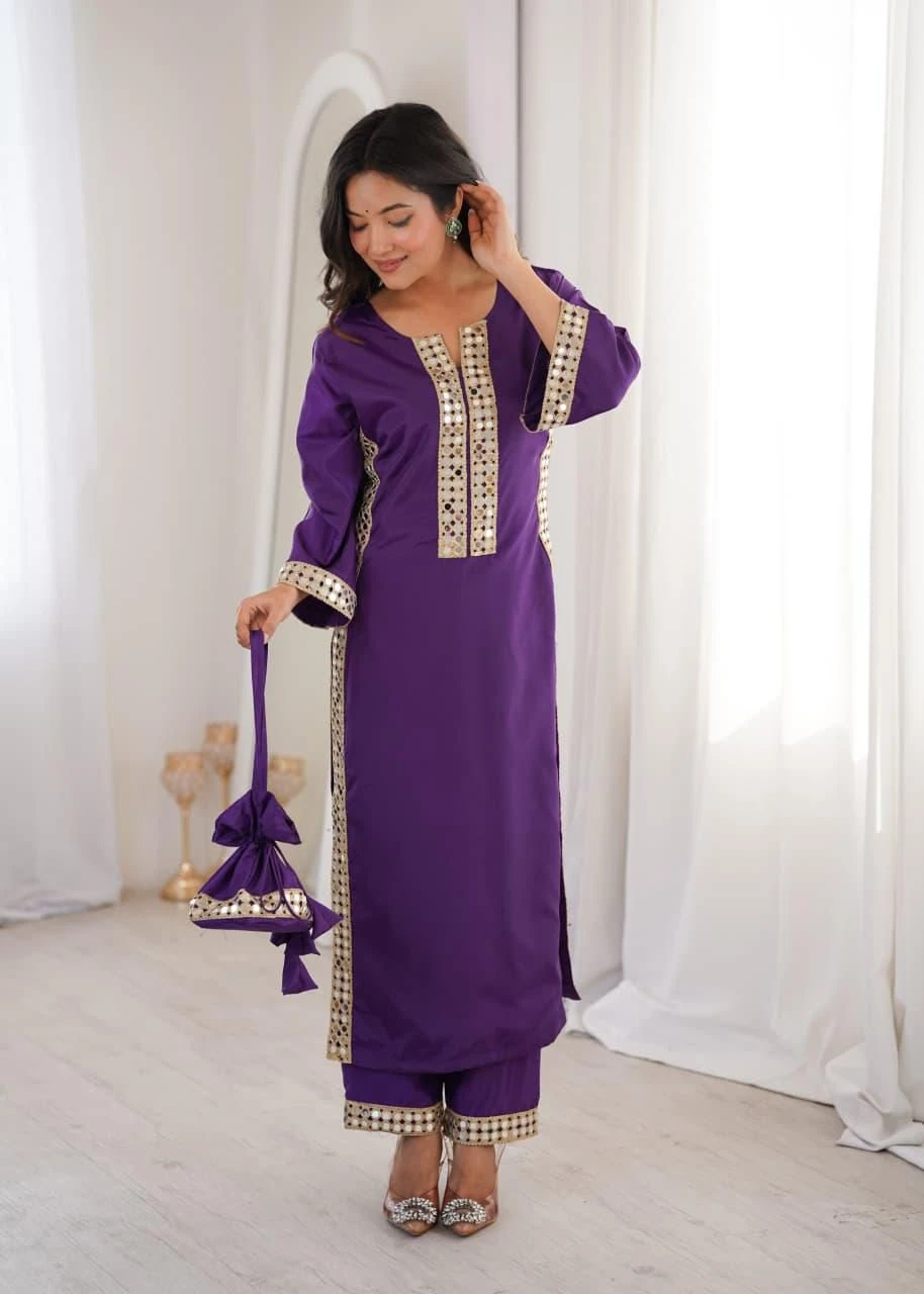 Natural Crepe Mirror Lace Work Kurti Pant With Batwa Set