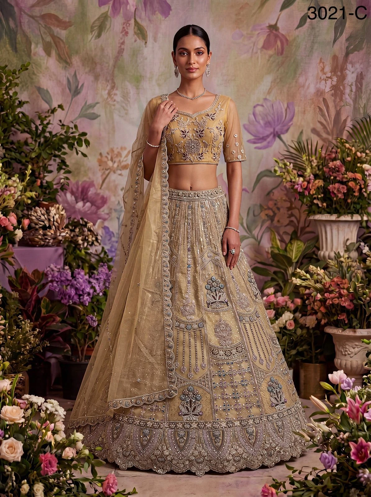 Partywear Bridal Net Lehenga Choli Code 3021