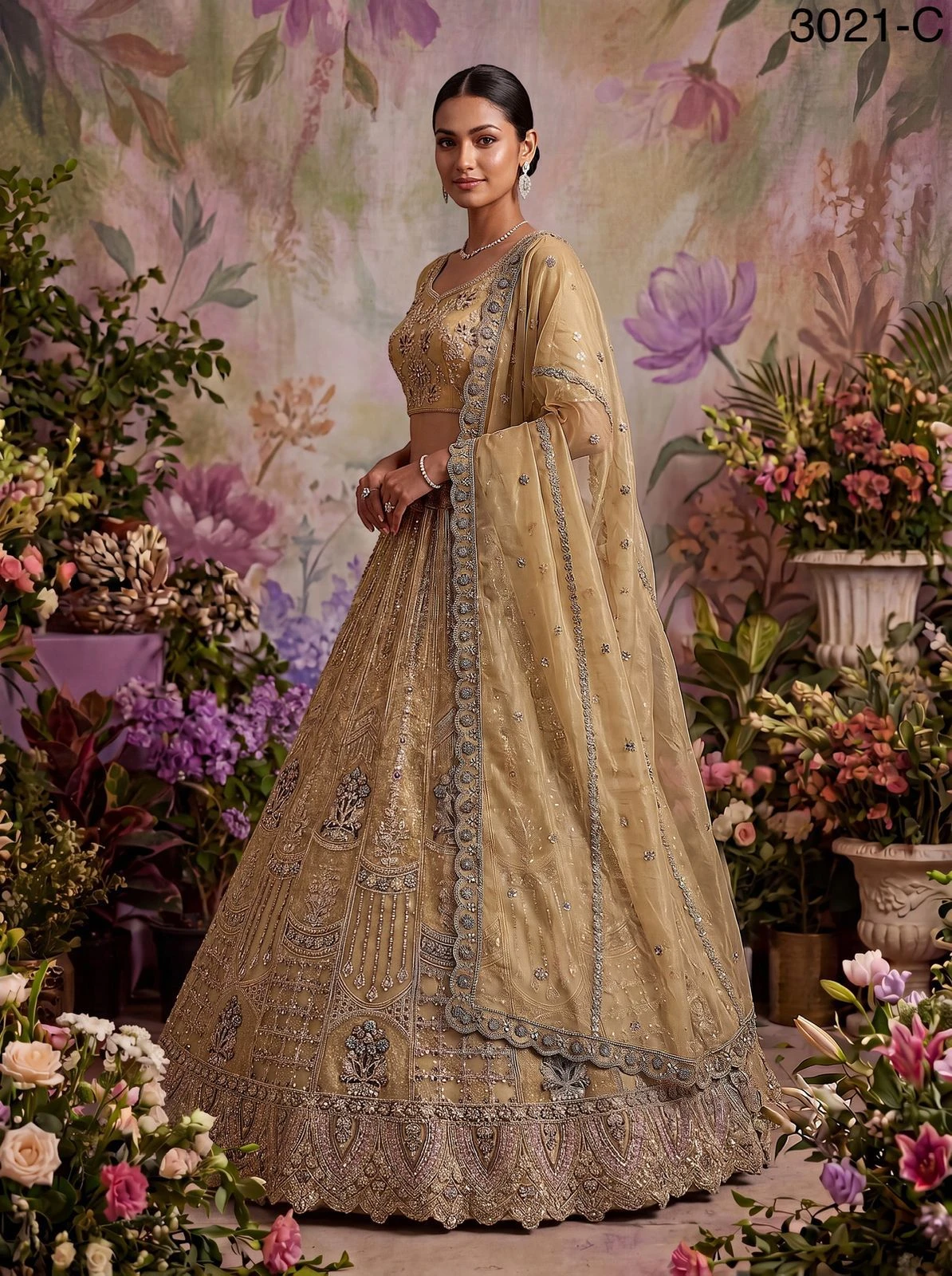Partywear Bridal Net Lehenga Choli Code 3021