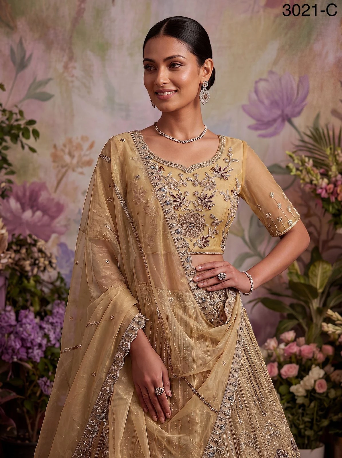 Partywear Bridal Net Lehenga Choli Code 3021