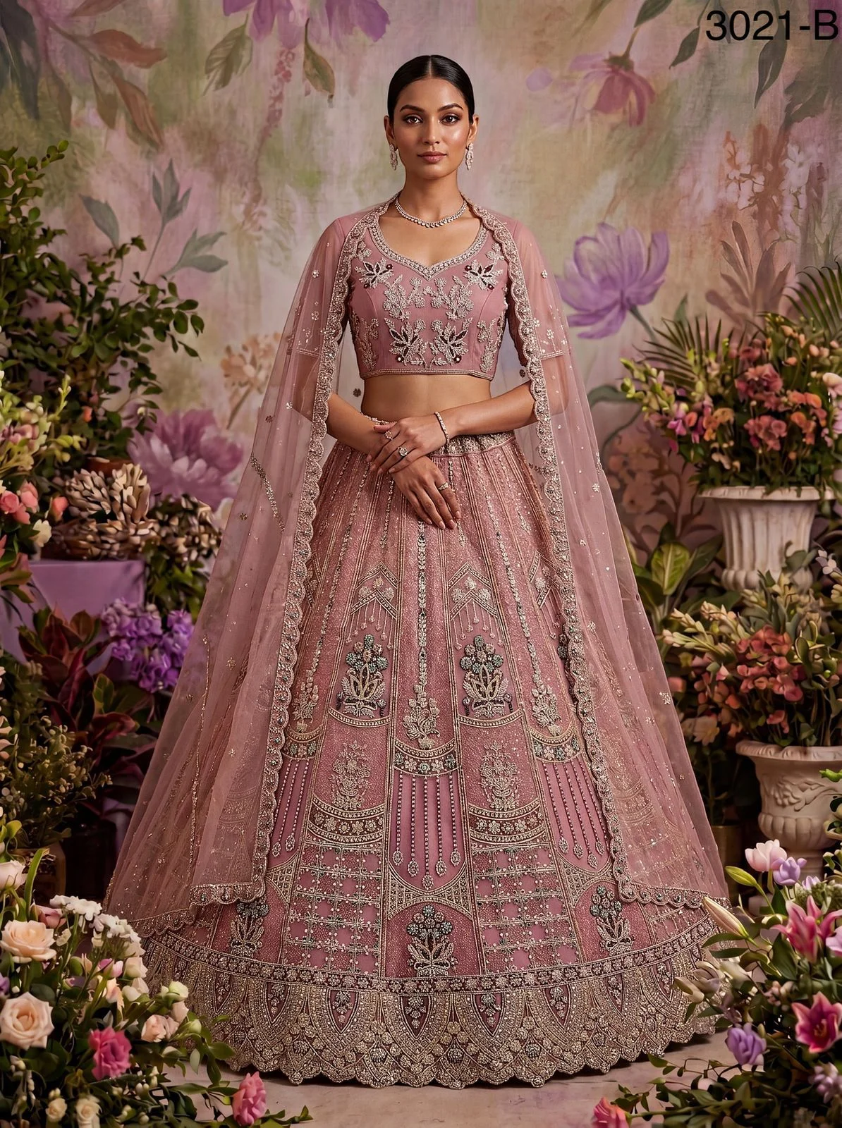 Partywear Bridal Net Lehenga Choli Code 3021