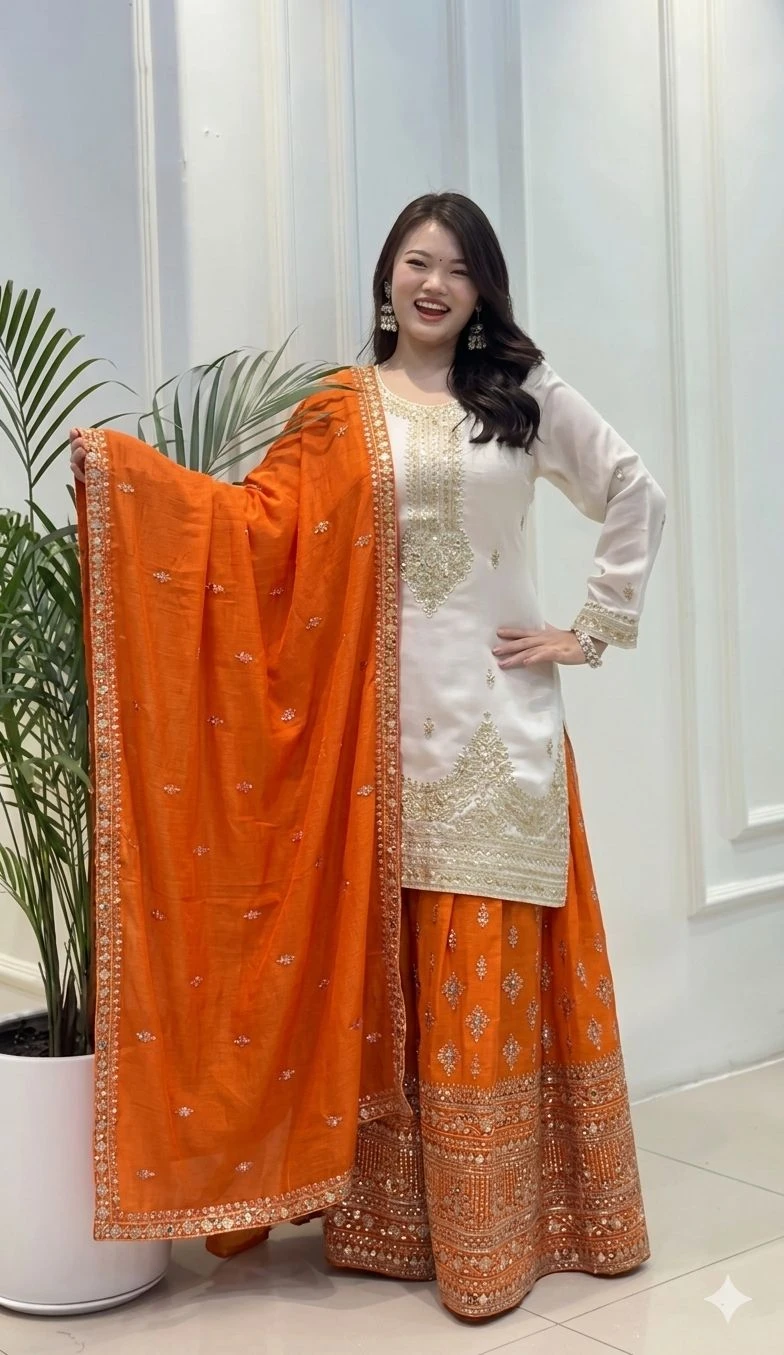 Premium Designer Chinon Silk Palazzo Suit Set