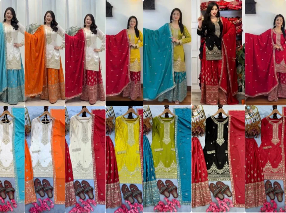 Premium Designer Chinon Silk Palazzo Suit Set