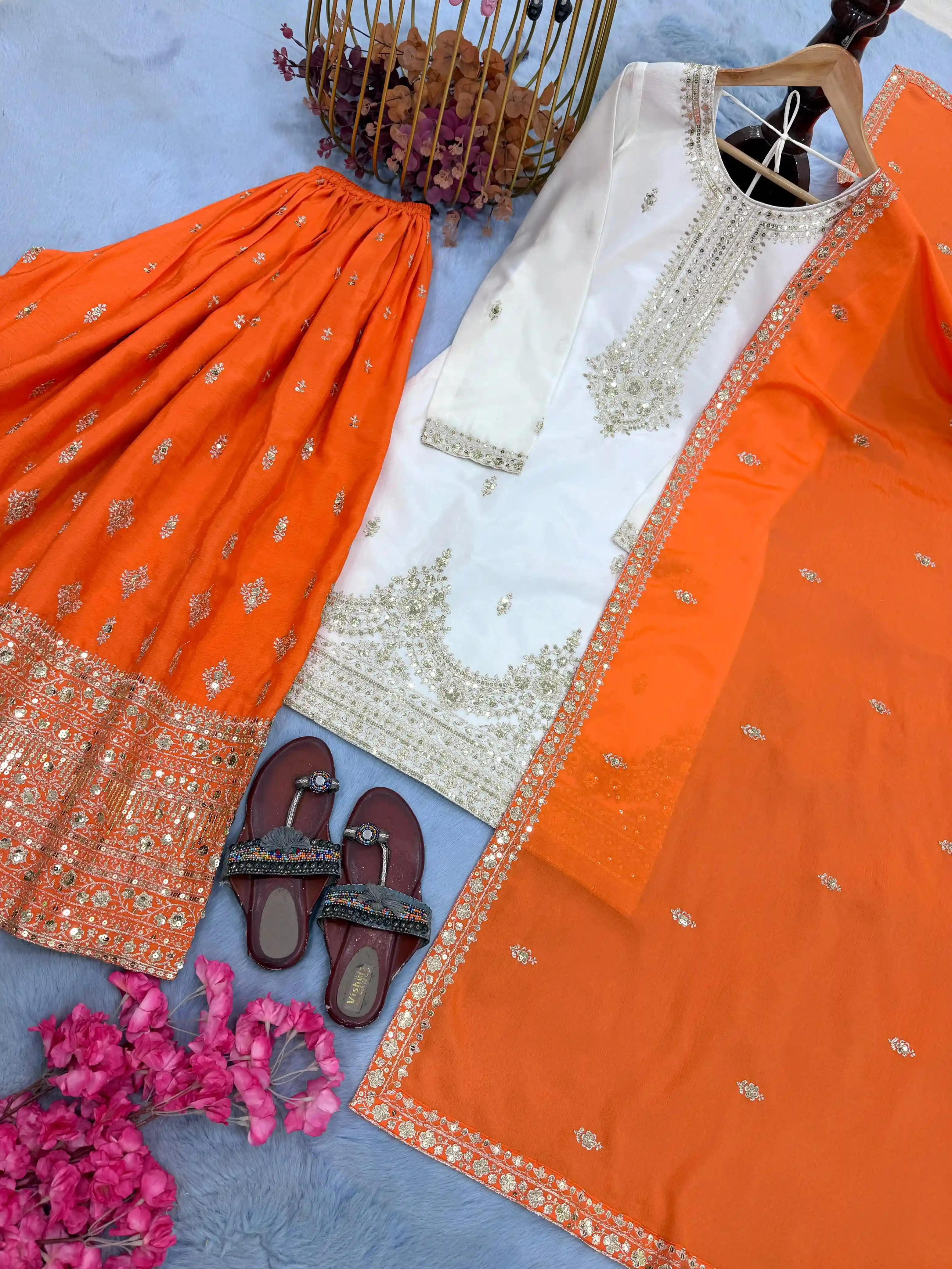 Premium Designer Chinon Silk Palazzo Suit Set