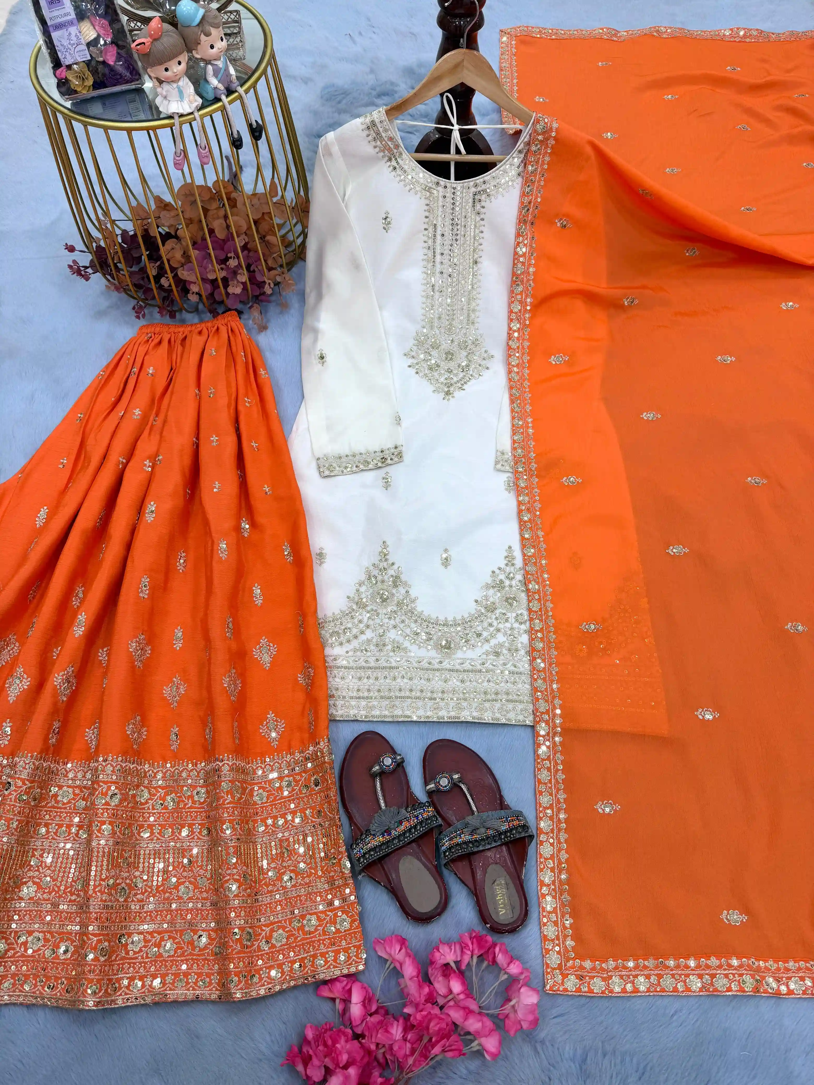 Premium Designer Chinon Silk Palazzo Suit Set