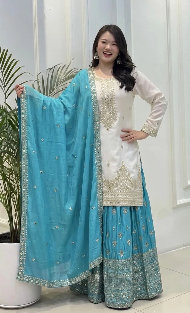 Premium Designer Chinon Silk Palazzo Suit Set