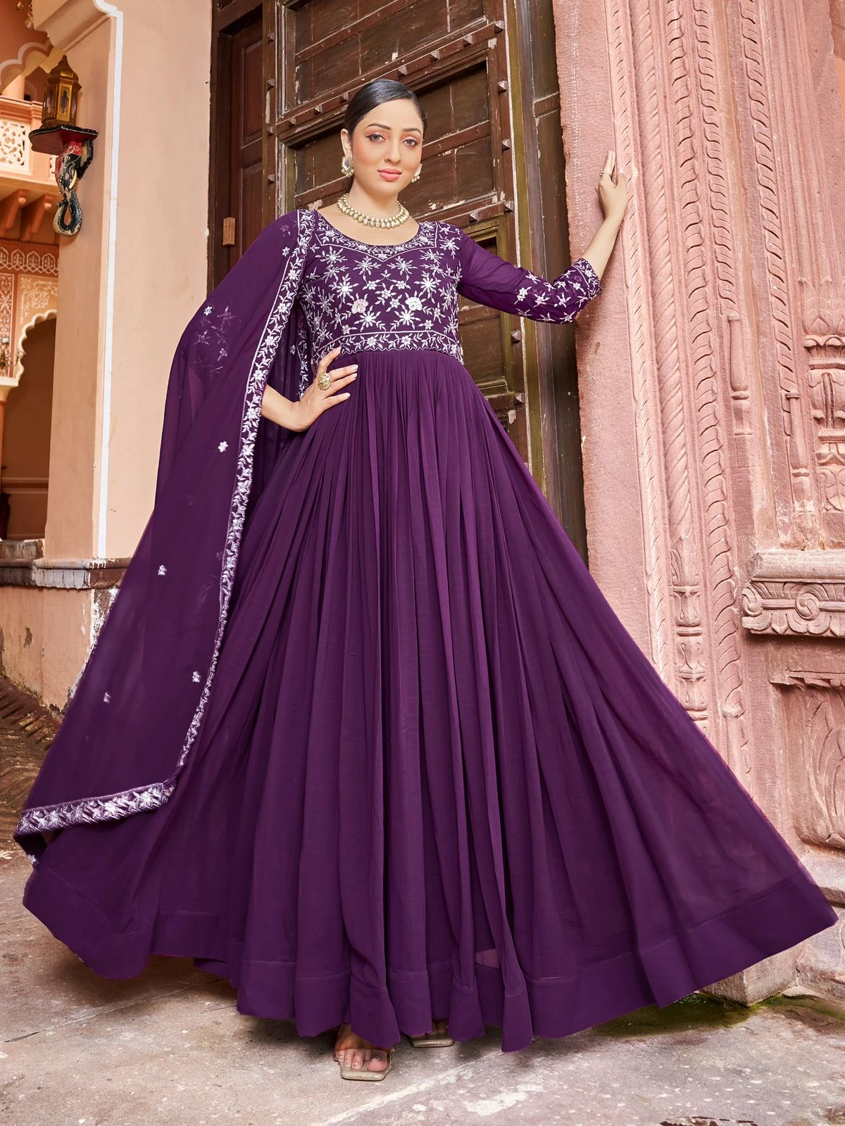Premium Designer Faux Blooming Gown Dupatta Set