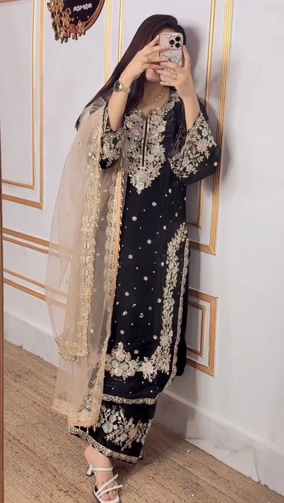 Premium Designer Pur Jimmy Choo Embroidery Sequence Work Top Plazzo Suit With Net Dupatta