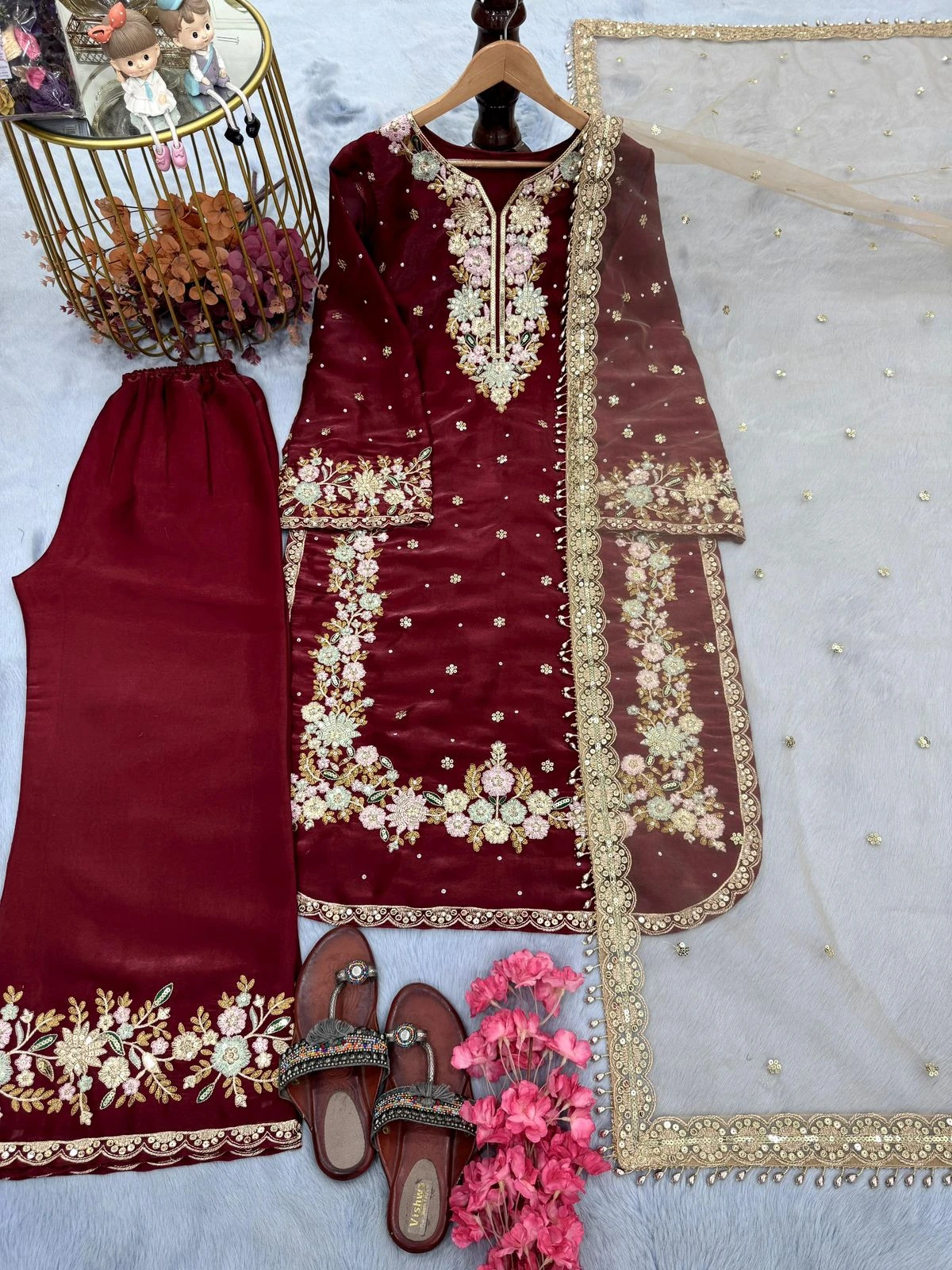 Premium Designer Pure Jimmy Choo Embroidery Sequence Work Top Plazzo Suit With Net Dupatta