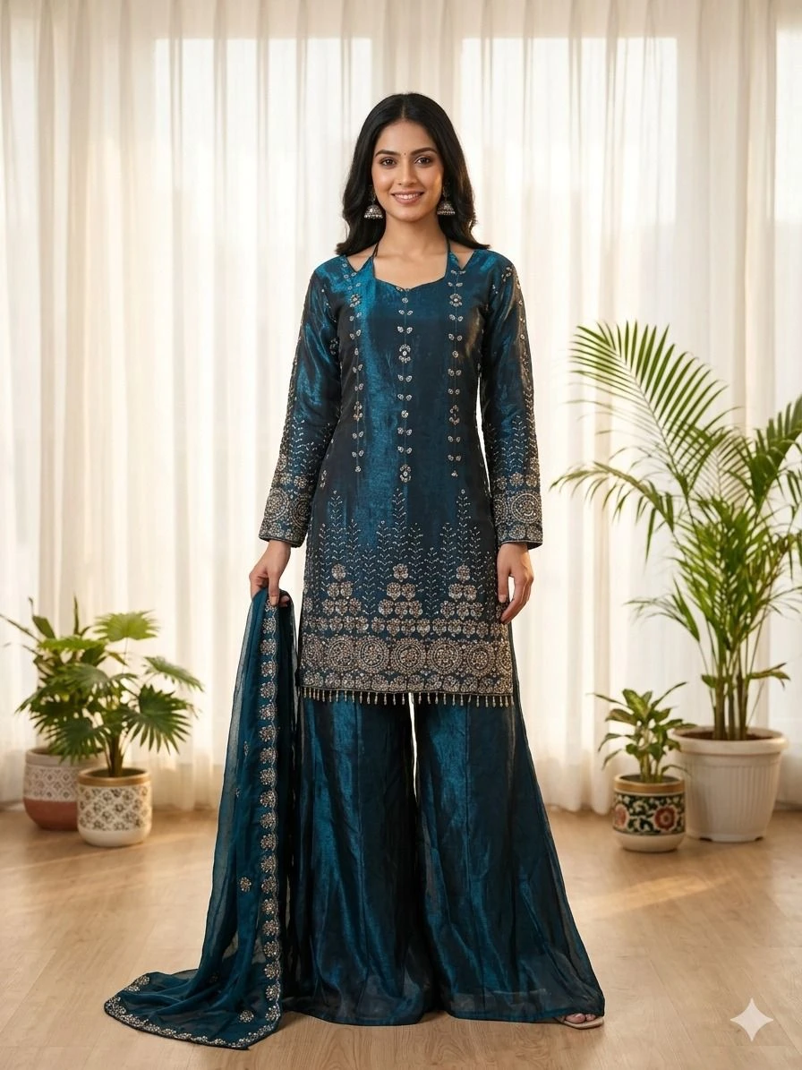 Premium Fendy Satin Kurti Palazzo Dupatta Set