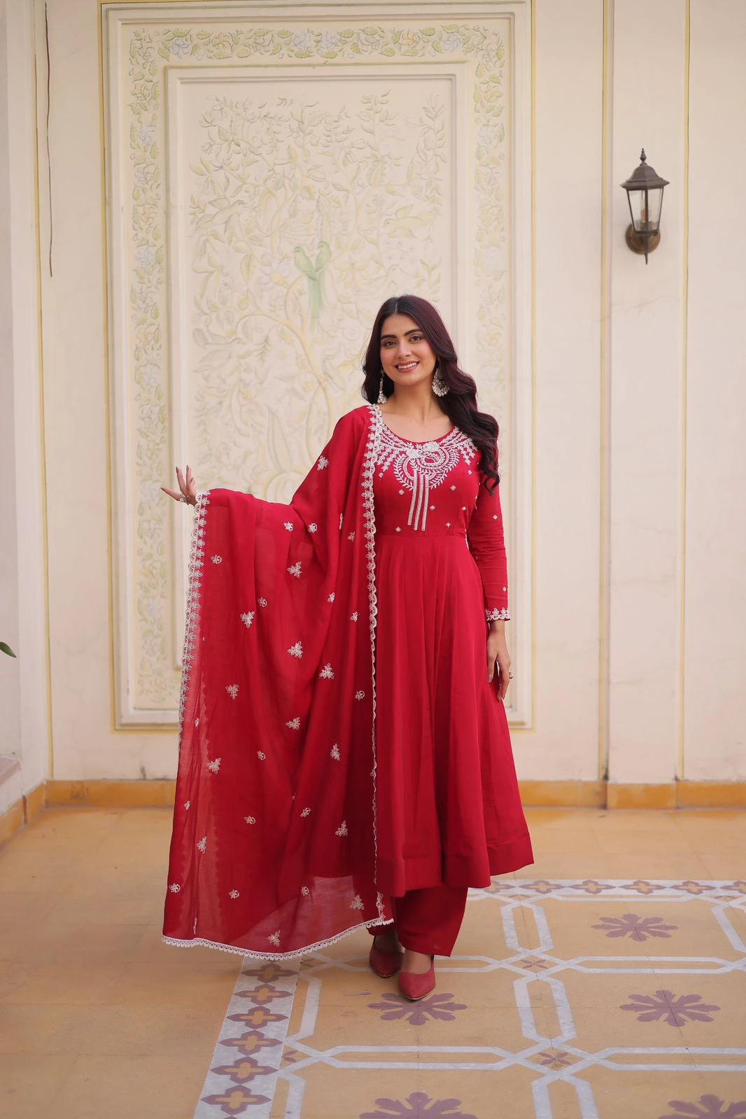 Premium Mal Chanderi Beads Embroidery Gown Pant And Dupatta Set