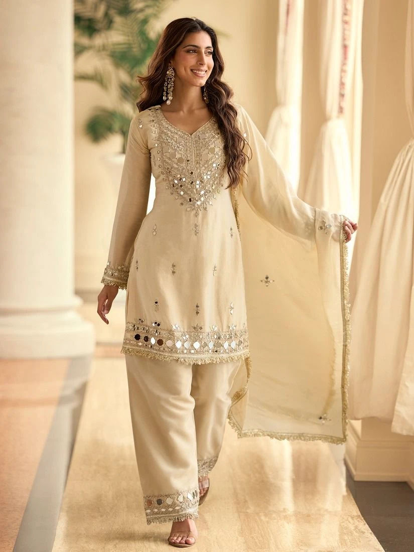 Premium Vichitra Silk Mirror Work Kurti Set Collection