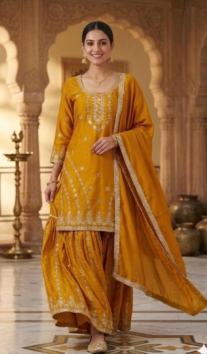 Pure Heavy Chinnon Silk Embroidery Work Sharara Palazzo Suit With Dupatta