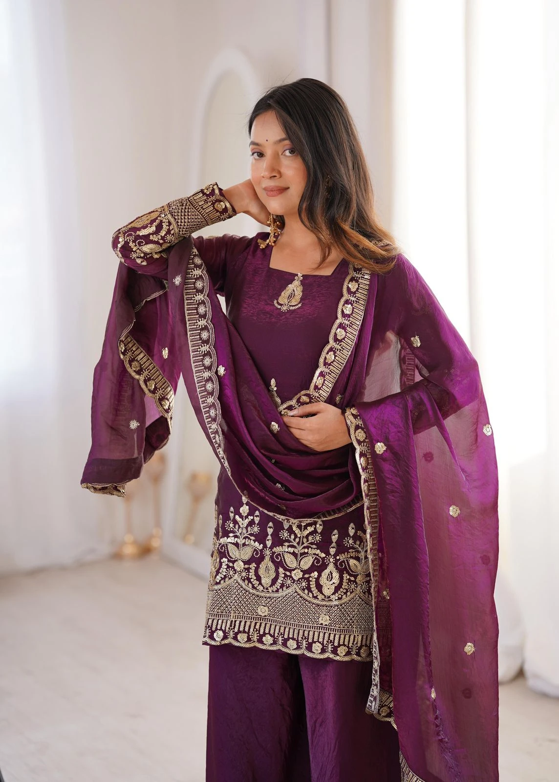 Real Modeling Fendy Silk Embroidery Sequence Work Sharara Suit With Dupatta