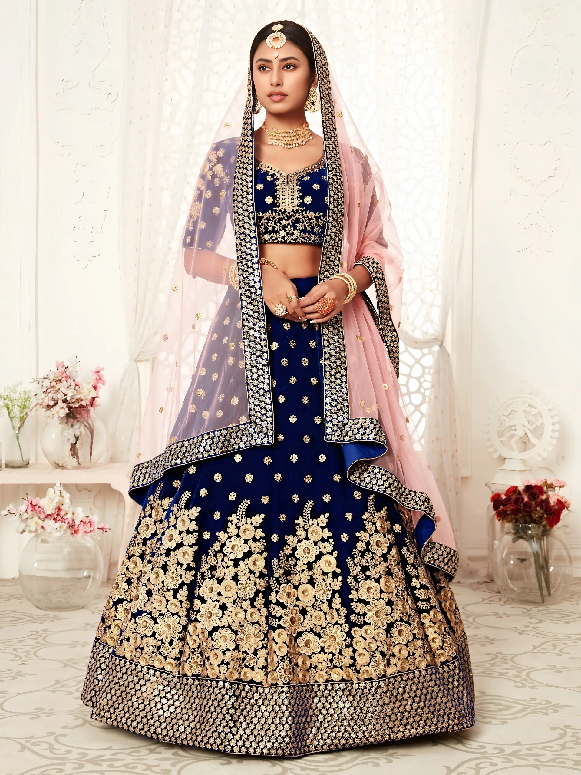 Royal Blue Velvet Bridal Choli with Zari and Sequins Work